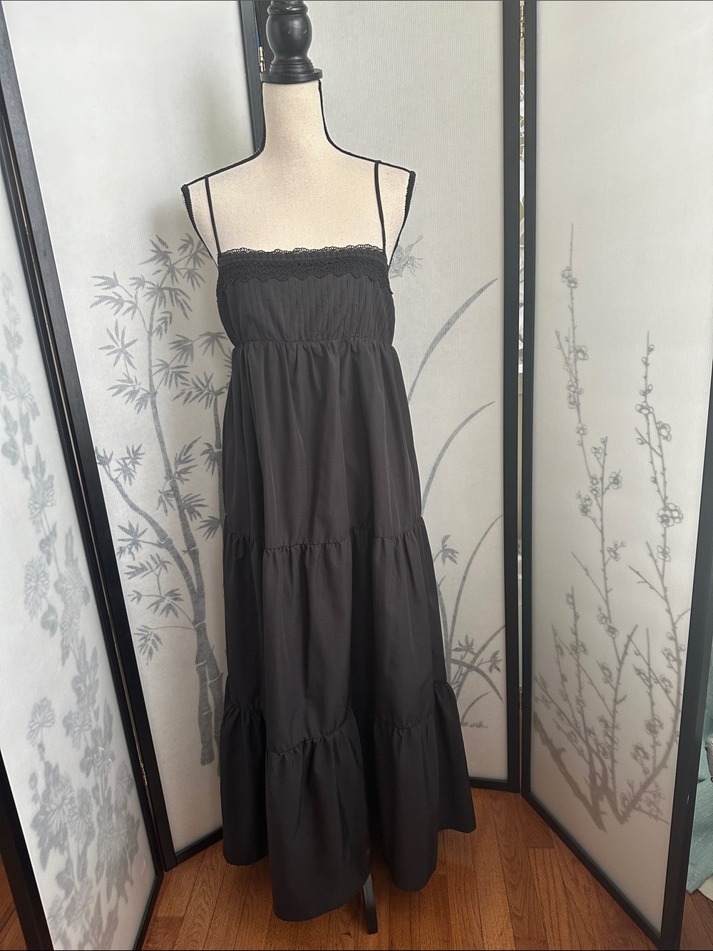 Zara Black Spaghetti-Strap Tiered Lined Maxi Dress -see photo for measurements